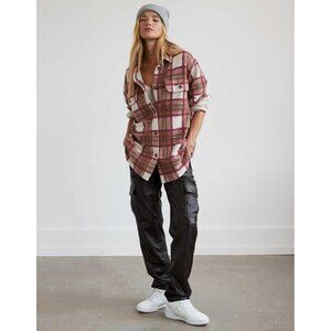 American Eagle Oversized Burgundy Plaid Fleece & Love Shacket Womens Size Large